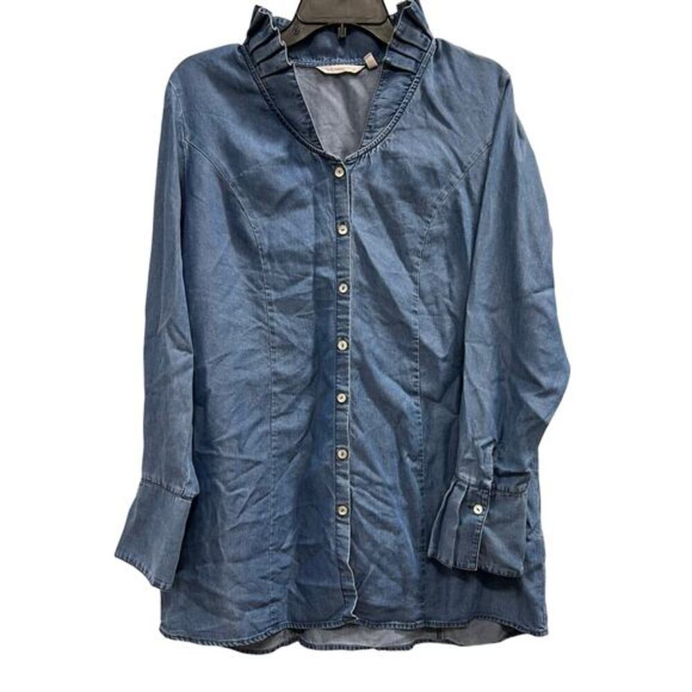 Soft Surroundings chambray denim blouse a distinctive ruffle collar SZ M